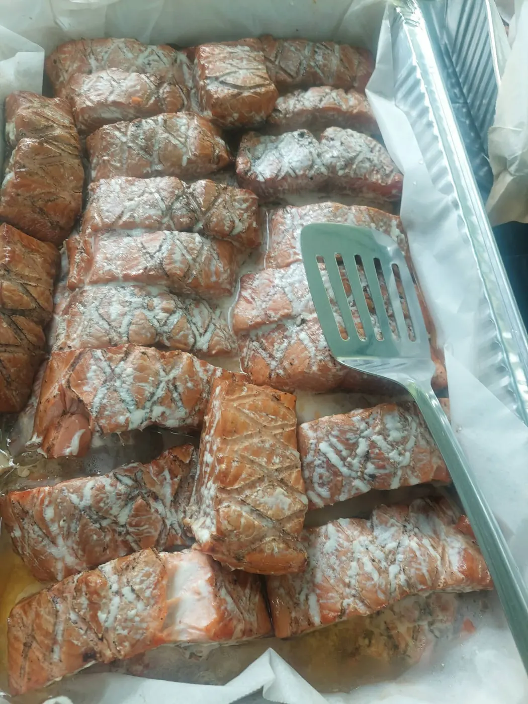 Tray of stuffed rolled mains hot from the oven